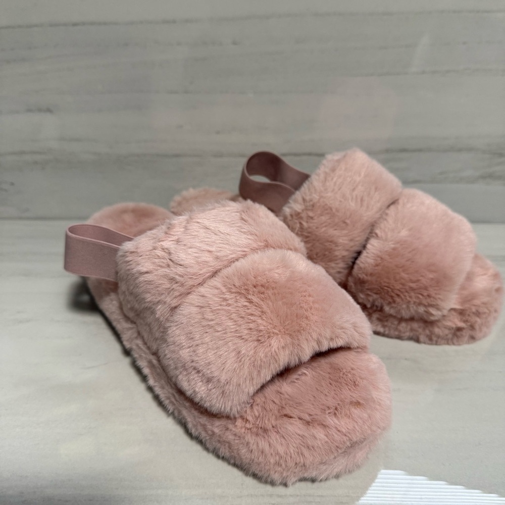 Cozy Pink Fluffy Side Slippers Slingback Girly Luxe Coquette Medium 7-8